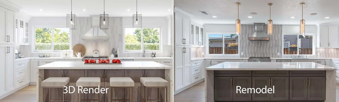 Side by side: the 3D rendering of a white kitchen with a gray island, and the finished remodel matching it