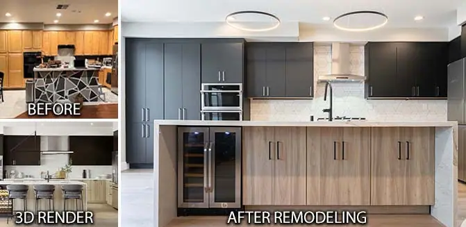 A kitchen before, in 3D design, and after remodeling