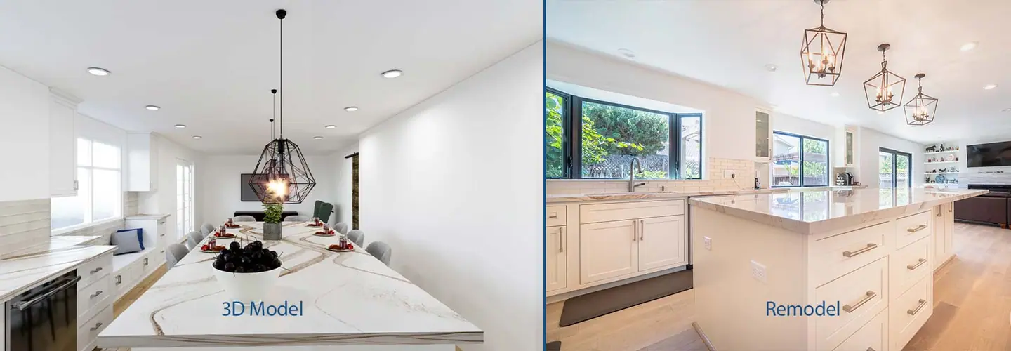 Side by side: a 3D model of an open kitchen with a long island, and the finished kitchen