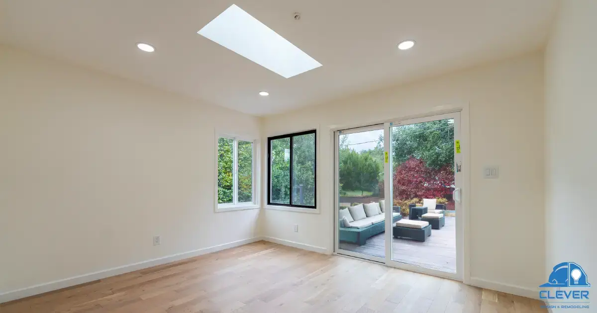 Bright living room with a sliding door to the deck