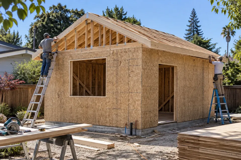 A detached ADU at the framing stage in a Bay Area backyard: walls sheathed, roof framed, two workers in plain clothes on ladders