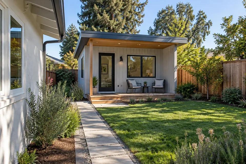 A finished detached ADU in a Bay Area backyard: a small porch, simple modern siding, a paver path from the main house