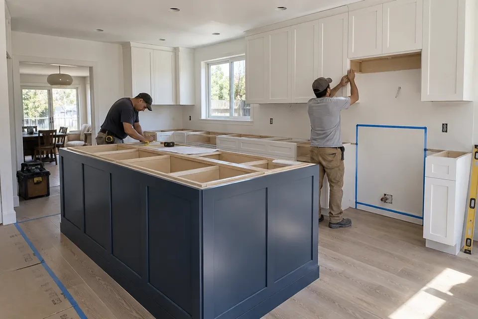 Kitchen remodel at the cabinet-install stage in a San Jose ranch house