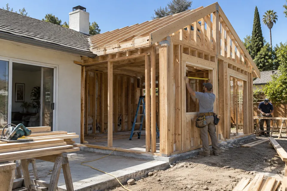 A rear home addition being framed onto a San Jose house, the new roofline tying into the old one, a worker measuring a window opening