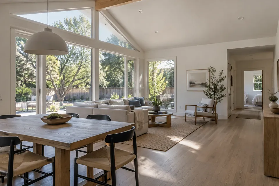 Inside a finished addition in a San Jose home: vaulted ceiling, big windows to the yard, white-oak floors, simple furniture