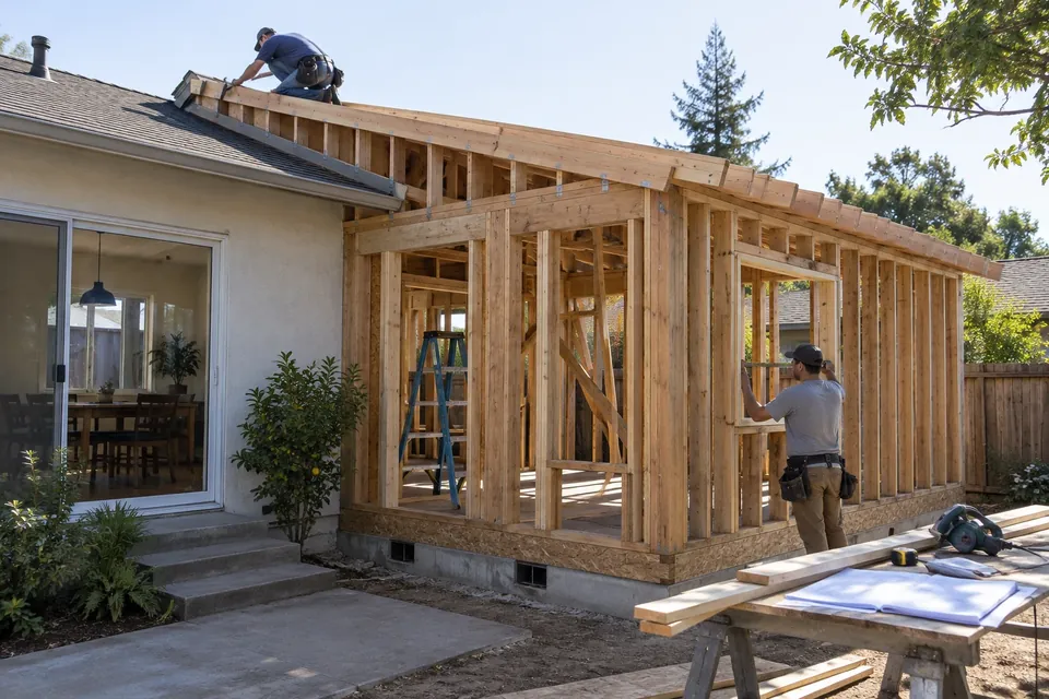 A rear home addition being framed onto a Sunnyvale house, the new roofline tying into the old one, a worker measuring a window opening