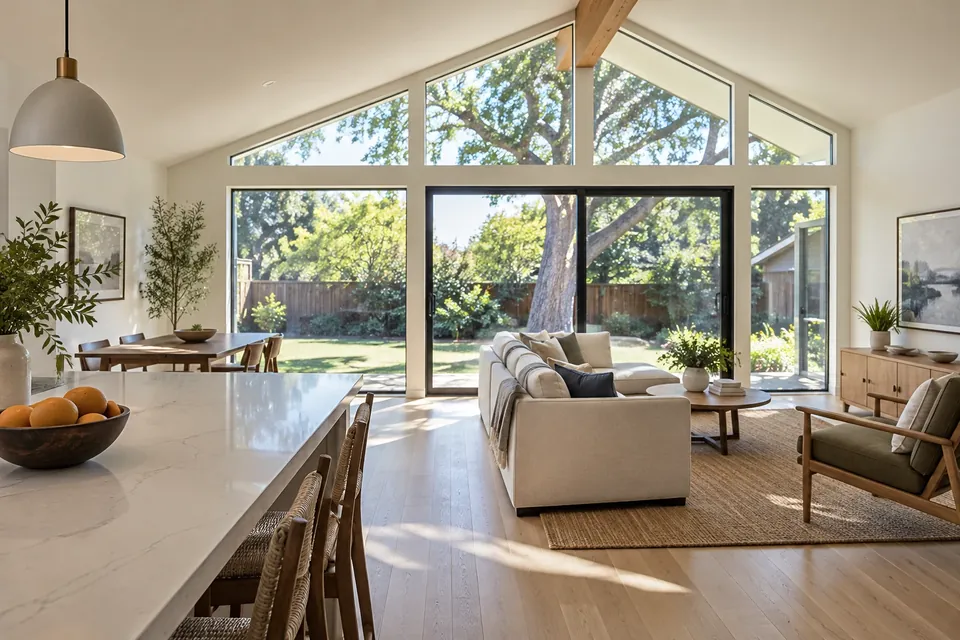 Inside a finished addition in a Sunnyvale home: vaulted ceiling, big windows to the yard, white-oak floors, simple furniture