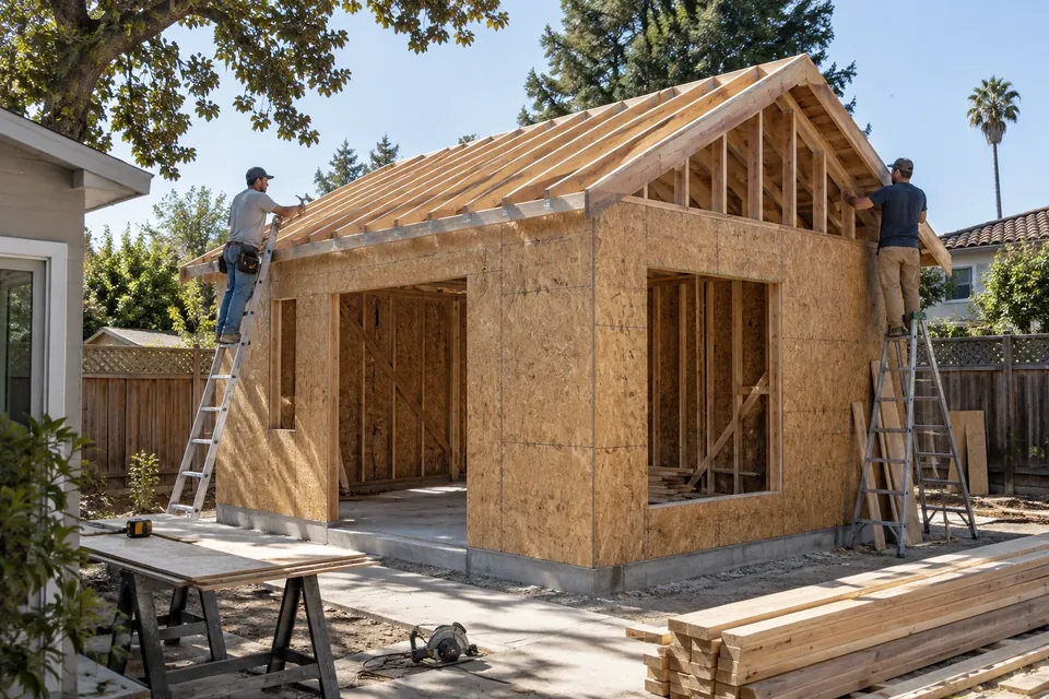 A detached ADU at the framing stage in a Redwood City backyard: walls sheathed, roof framed, two workers in plain clothes on ladders