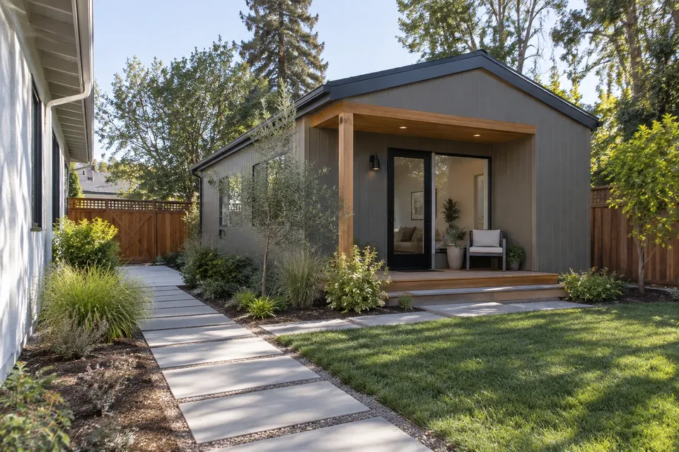 A finished detached ADU in a Redwood City backyard: a small porch, simple modern siding, a paver path from the main house