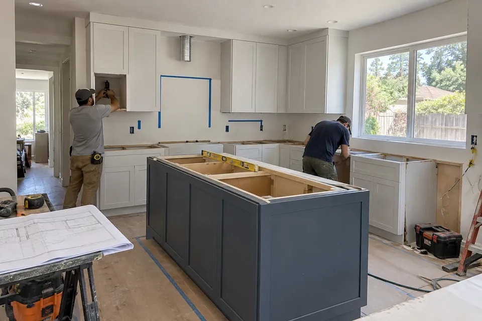 Kitchen remodel at the cabinet-install stage in a Redwood City ranch house