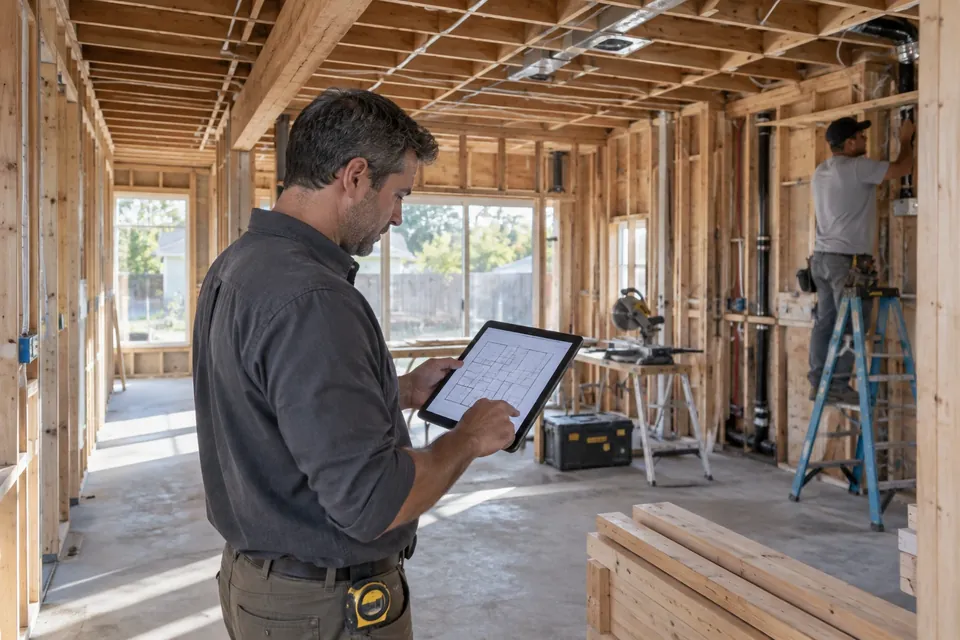 A remodel underway in a Redwood City home: a project manager checking work against the plans with a tablet, the room at the framing stage