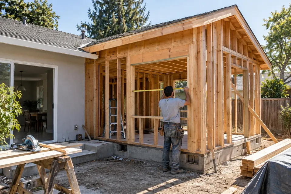 A rear home addition being framed onto a Redwood City house, the new roofline tying into the old one, a worker measuring a window opening
