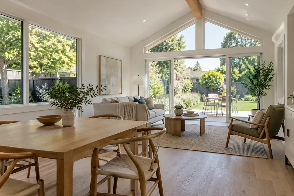 Inside a finished addition in a Redwood City home: vaulted ceiling, big windows to the yard, white-oak floors, simple furniture
