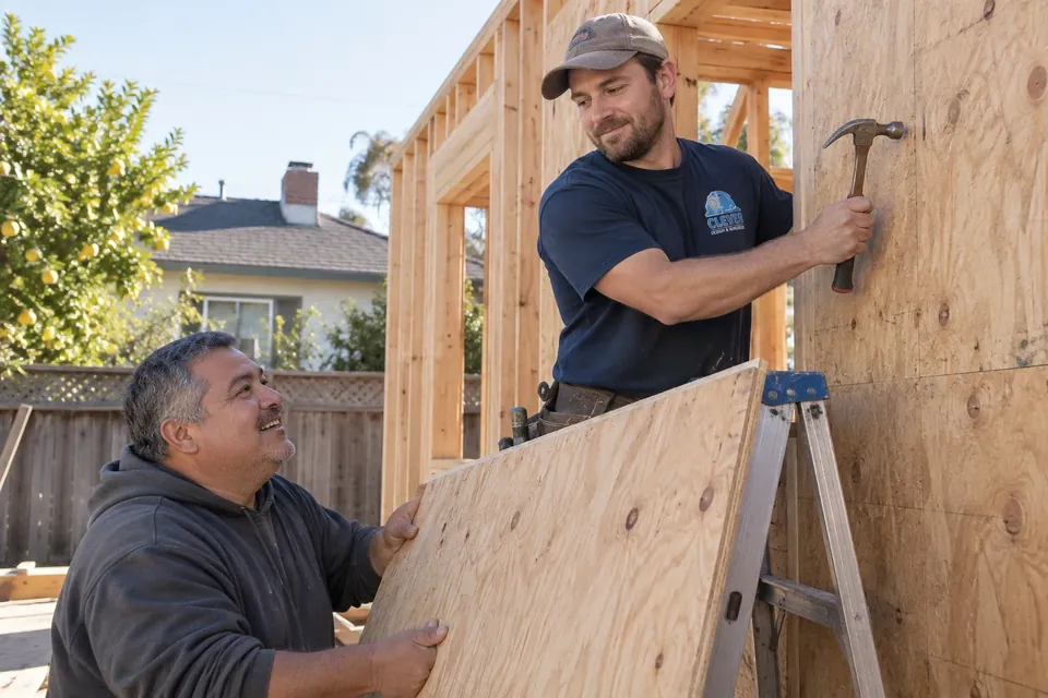 Two workers sheathing the walls of a backyard ADU
