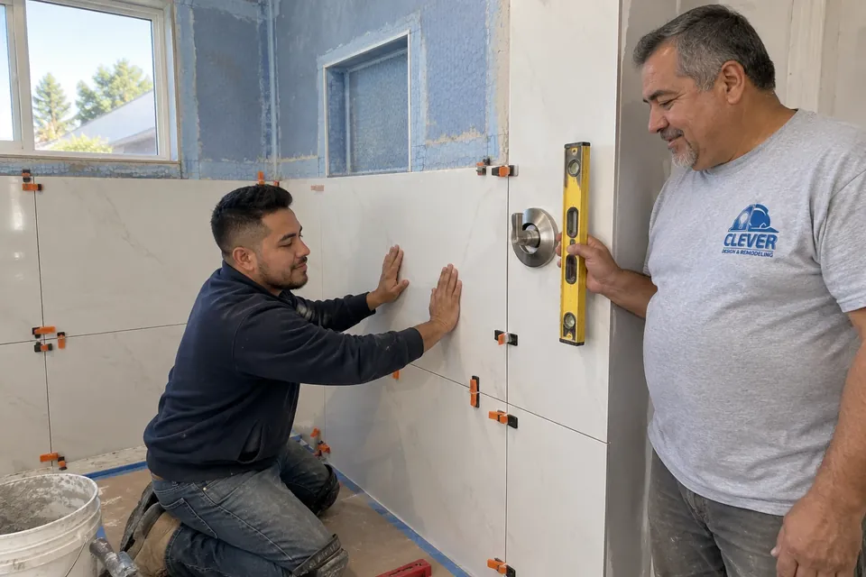 A tile setter installing large-format tile in a walk-in shower while a coworker checks the valve