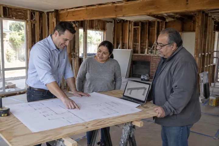 A project manager, designer and structural engineer reviewing plans on site