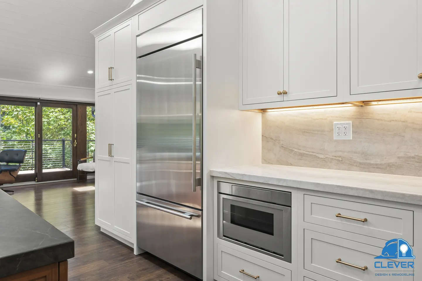 Built-in stainless refrigerator, tall pantry cabinets and a microwave drawer, kitchen and bath remodel in Los Gatos, CA