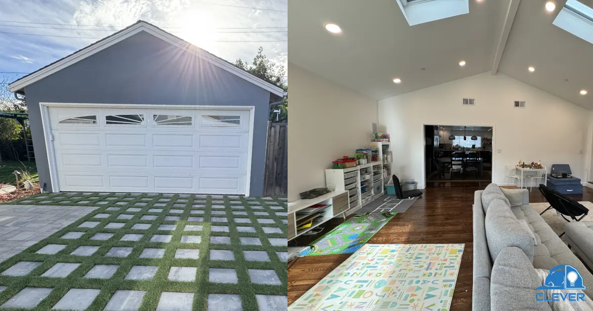 Before and after photo of garage-to-ADU transformation 